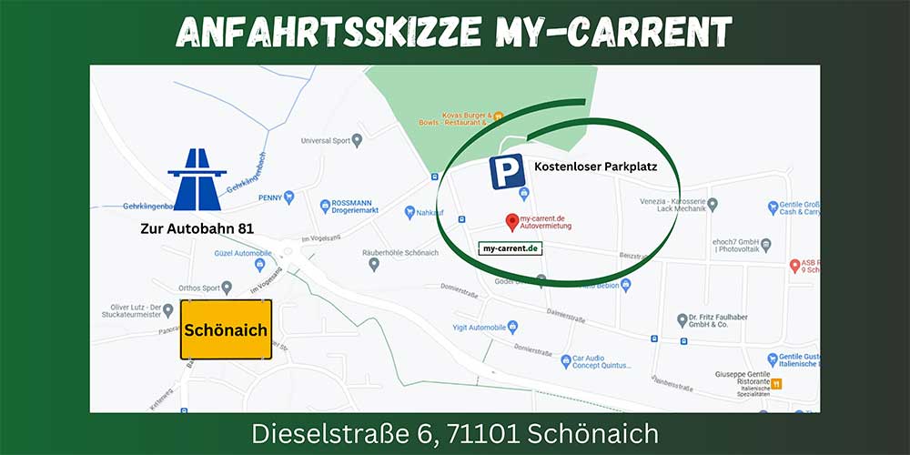 Anfahrtsweg zu My-Carrent Mietwagen in Schönaich im Landkreis Böblingen